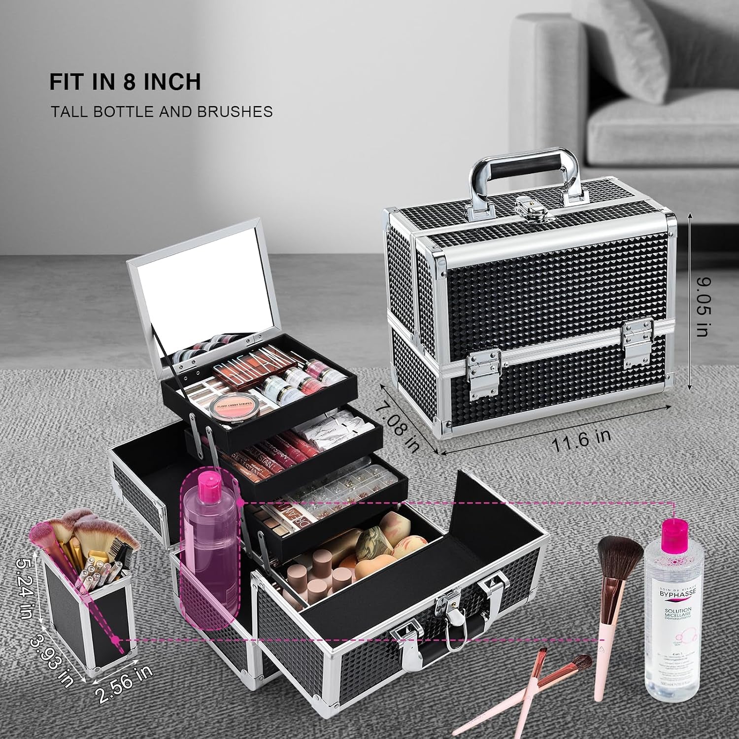 Makeup Box with Mirror 3-Tray 11.5-Inch Makeup Train Case with Brush Holder Portable Lockable Make-Up Black