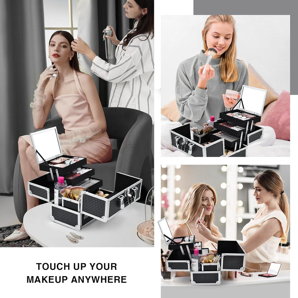Makeup Box with Mirror 3-Tray 11.5-Inch Makeup Train Case with Brush Holder Portable Lockable Make-Up Black