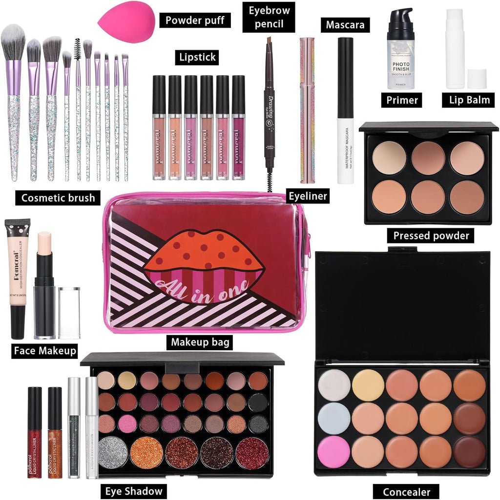 Professional Makeup Kits for Girls Teens, Make up Sets for Women with Eyeshadow, Concealer, Lip Gloss, Brushes, Primer, Mascara, Eyeliner, Makeup Sponge, Storage Box (Red)