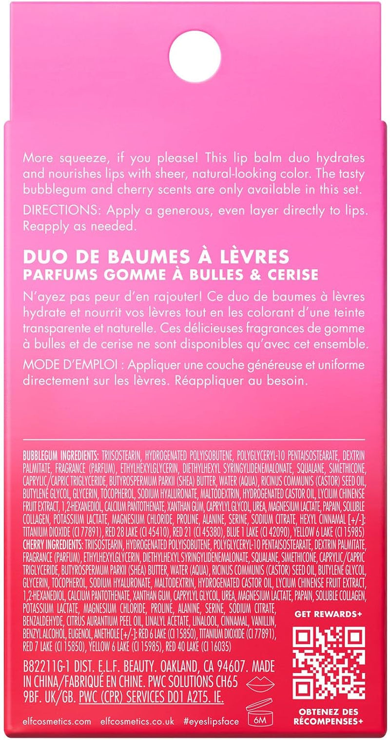 Squeeze Me More Lip Balm Duo, Cherry/Bubblegum | Moisturizing Balm for a Sheer Tint of Color, Made with Hyaluronic Acid, Vegan & Cruelty-Free, Cherry & Bubblegum
