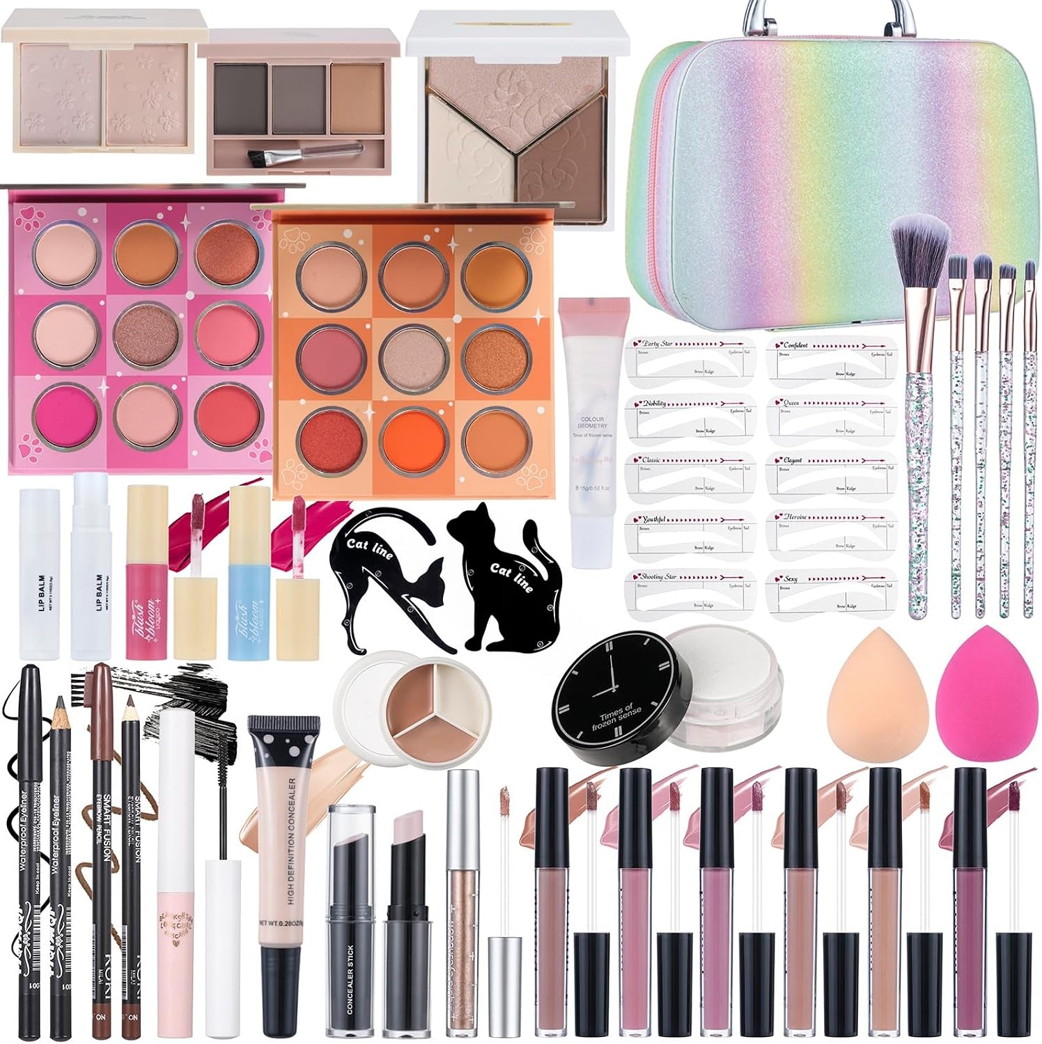 Ultimate 45-in-1 Makeup Kit for Teens: Vibrant Eyeshadow Palettes, Glossy Lip Products, and Essential Brushes in a Stunning Rainbow Carrying Case