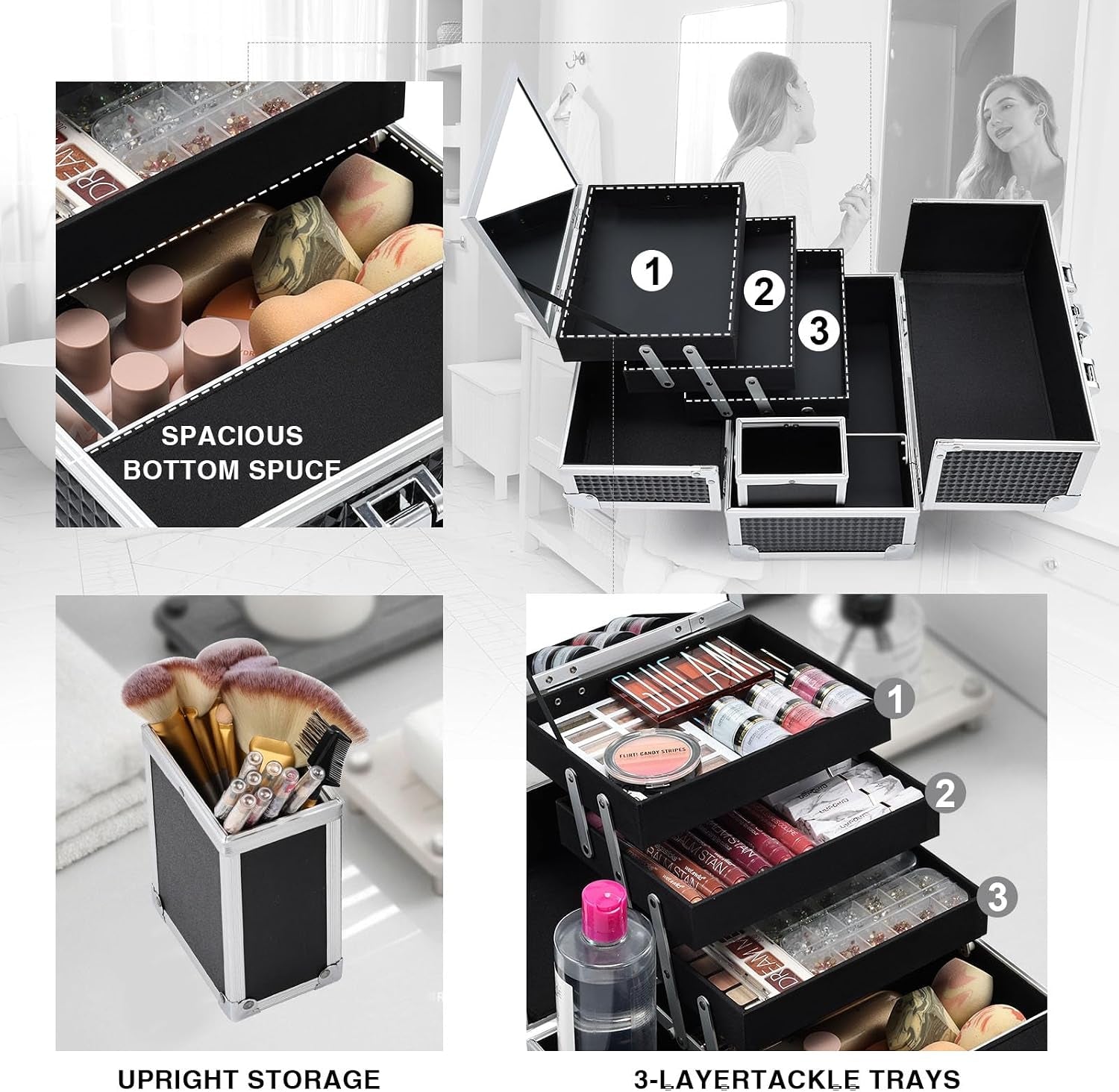 Makeup Box with Mirror 3-Tray 11.5-Inch Makeup Train Case with Brush Holder Portable Lockable Make-Up Black