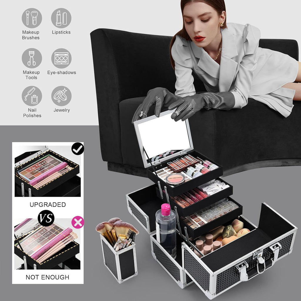 Makeup Box with Mirror 3-Tray 11.5-Inch Makeup Train Case with Brush Holder Portable Lockable Make-Up Black