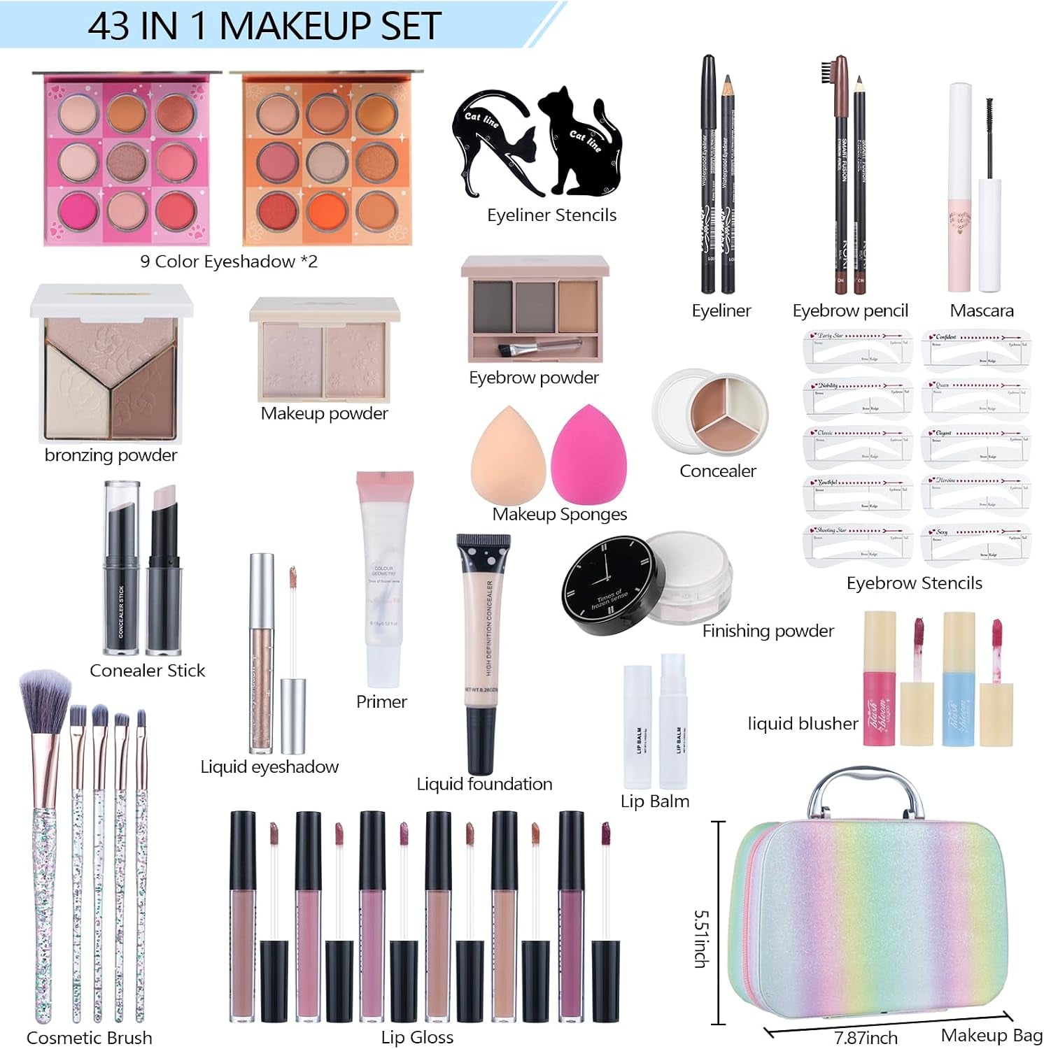 Ultimate 45-in-1 Makeup Kit for Teens: Vibrant Eyeshadow Palettes, Glossy Lip Products, and Essential Brushes in a Stunning Rainbow Carrying Case